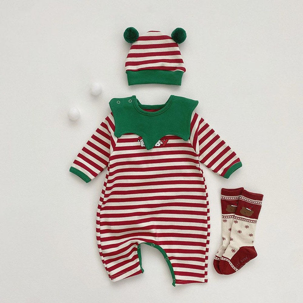 Baby Christmas Striped Romper with Hat and Bib 3-Piece Sets