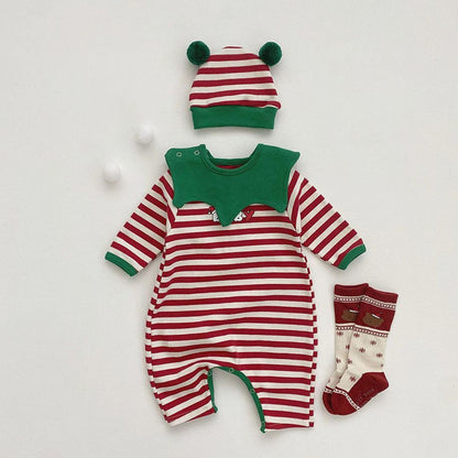 Baby Christmas Striped Romper with Hat and Bib 3-Piece Sets