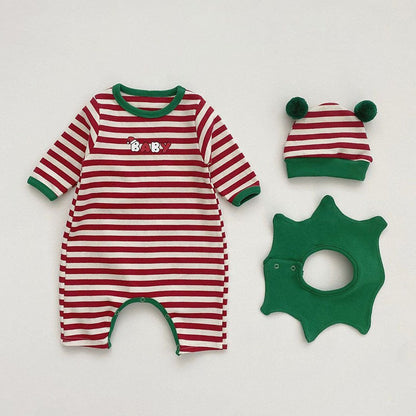 Baby Christmas Striped Romper with Hat and Bib 3-Piece Sets