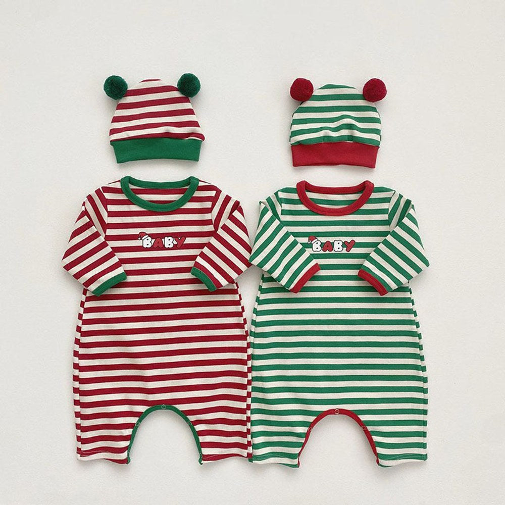 Baby Christmas Striped Romper with Hat and Bib 3-Piece Sets