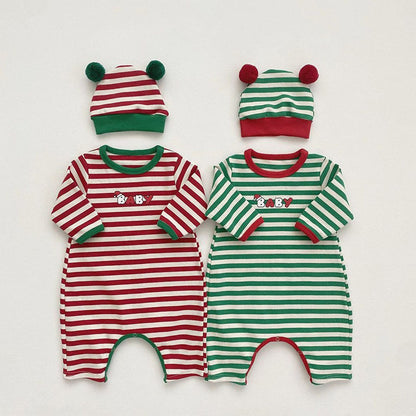 Baby Christmas Striped Romper with Hat and Bib 3-Piece Sets