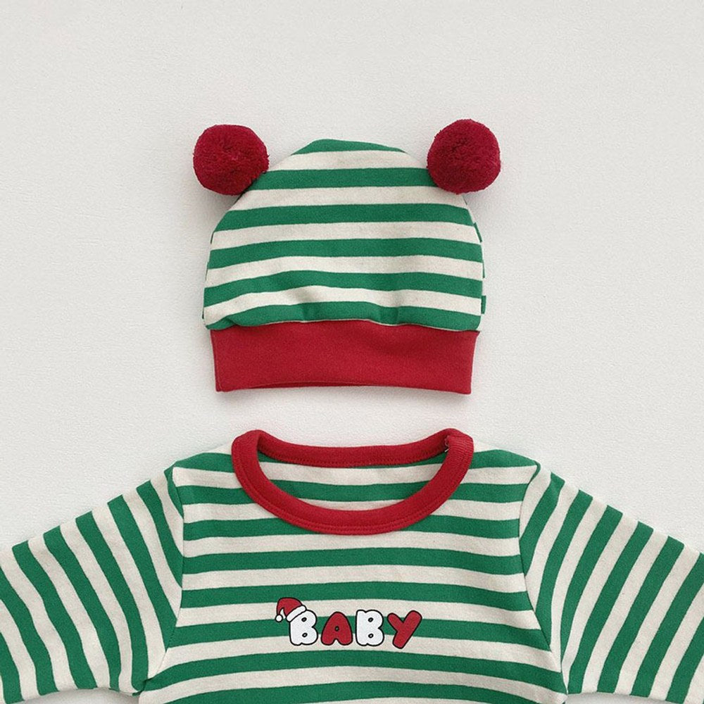 Baby Christmas Striped Romper with Hat and Bib 3-Piece Sets