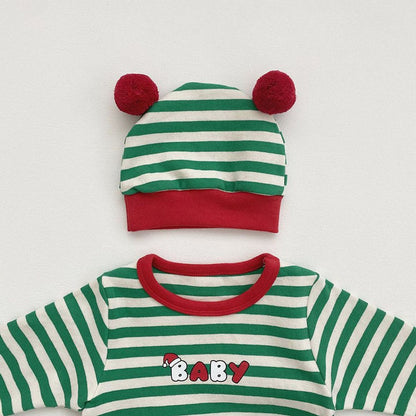 Baby Christmas Striped Romper with Hat and Bib 3-Piece Sets