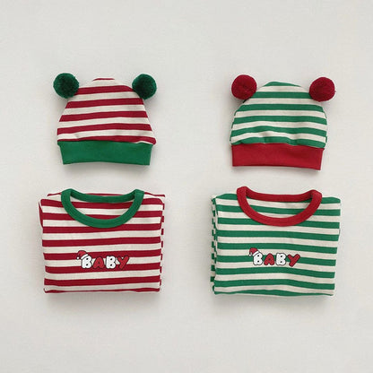 Baby Christmas Striped Romper with Hat and Bib 3-Piece Sets