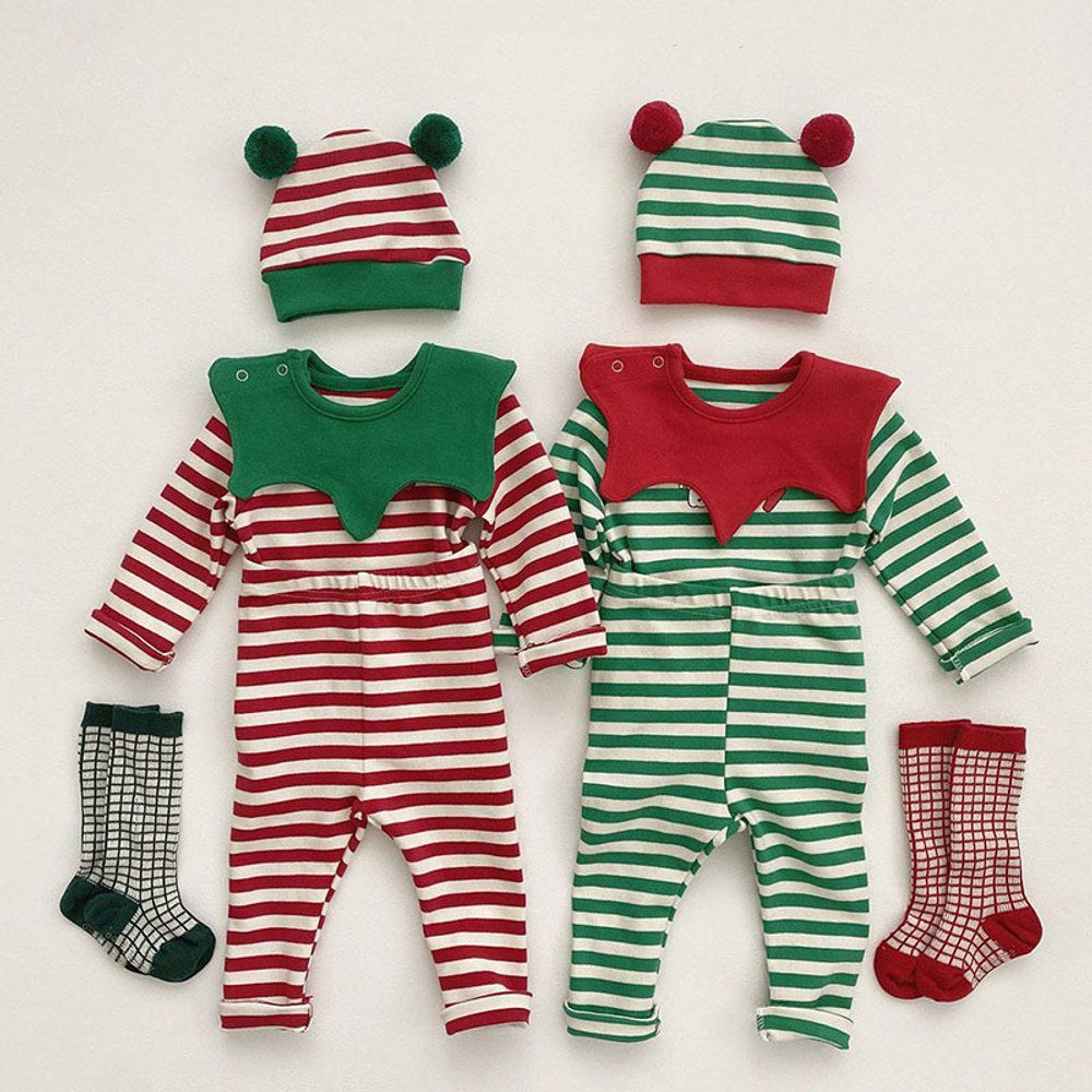 Baby Christmas Striped Top & amp;Pants with Hat and Bib 4-Piece Sets