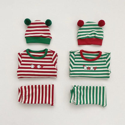Baby Christmas Striped Top & amp;Pants with Hat and Bib 4-Piece Sets