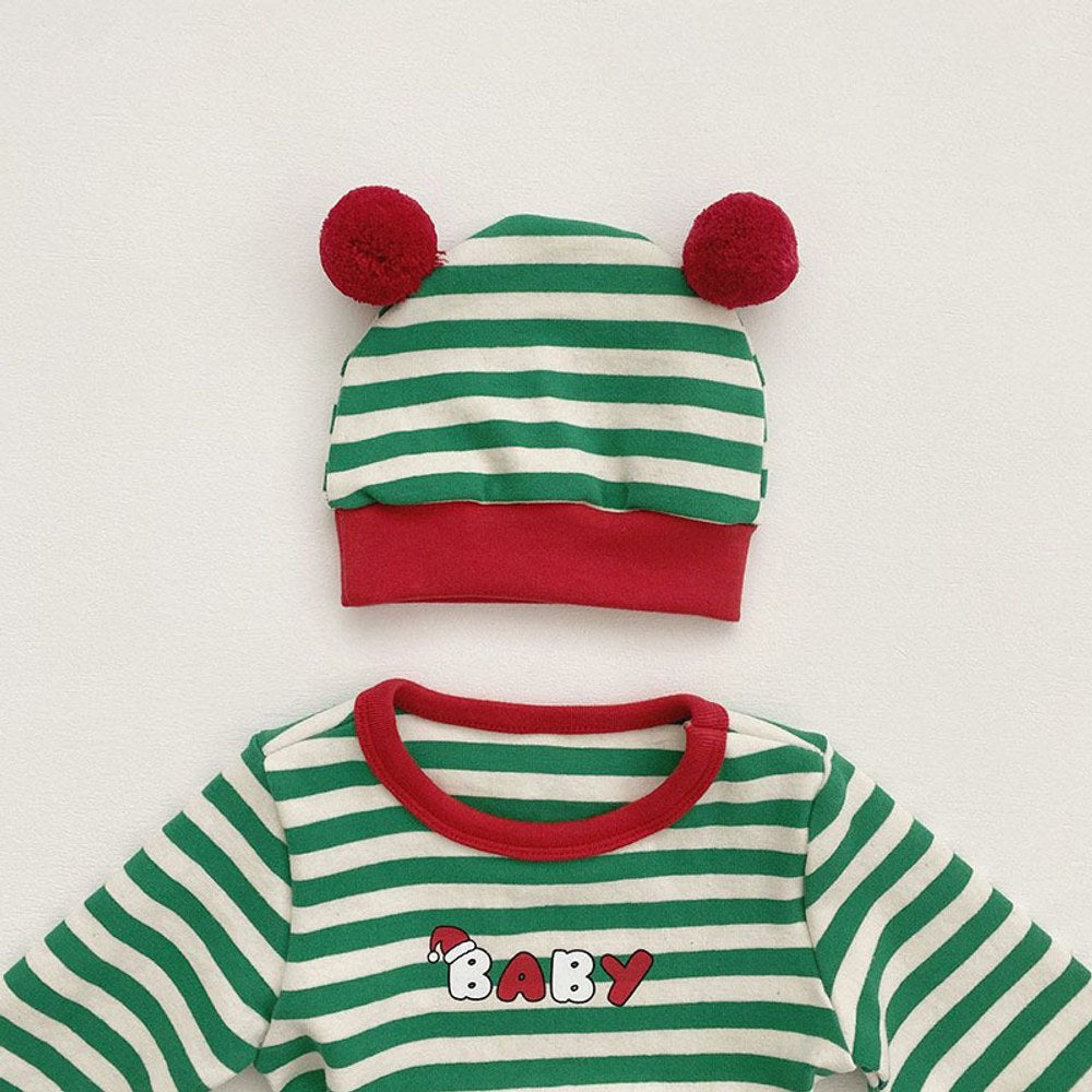 Baby Christmas Striped Top & amp;Pants with Hat and Bib 4-Piece Sets