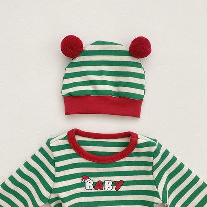 Baby Christmas Striped Top & amp;Pants with Hat and Bib 4-Piece Sets
