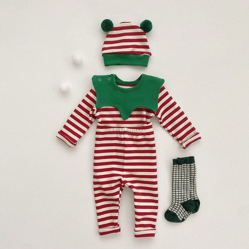 Baby Christmas Striped Top & amp;Pants with Hat and Bib 4-Piece Sets