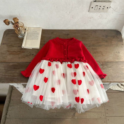 Baby Girls Red and White Chiffon Patchwork Red Heart Princess Gauze Dress