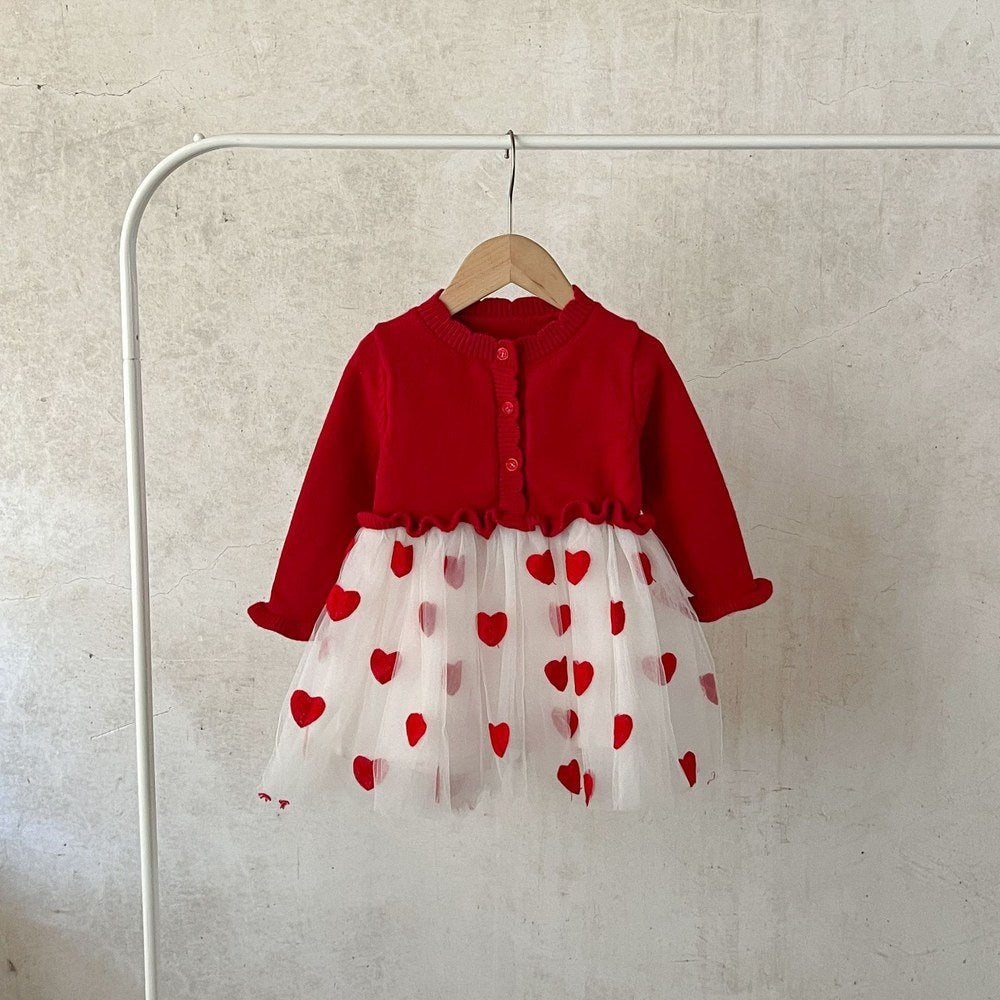 Baby Girls Red and White Chiffon Patchwork Red Heart Princess Gauze Dress