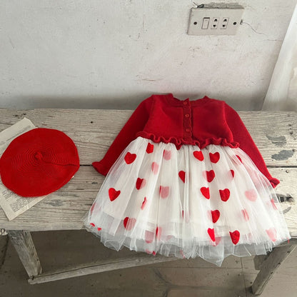 Baby Girls Red and White Chiffon Patchwork Red Heart Princess Gauze Dress