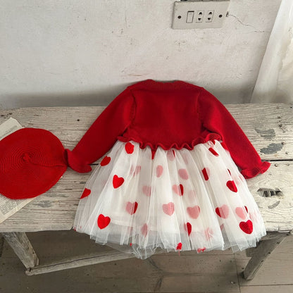 Baby Girls Red and White Chiffon Patchwork Red Heart Princess Gauze Dress