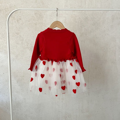 Baby Girls Red and White Chiffon Patchwork Red Heart Princess Gauze Dress