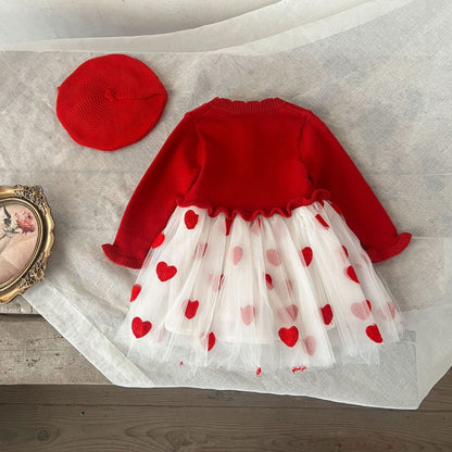 Baby Girls Red and White Chiffon Patchwork Red Heart Princess Gauze Dress