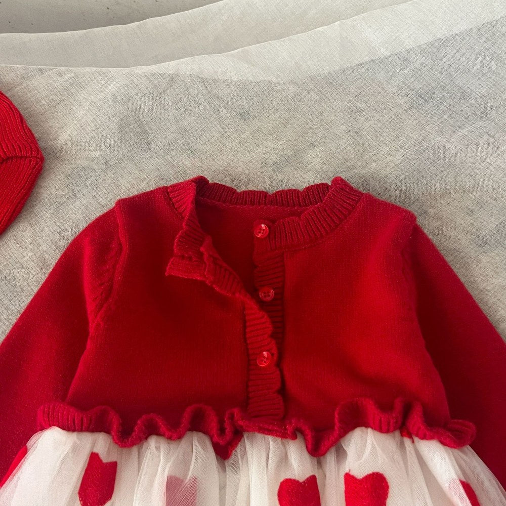 Baby Girls Red and White Chiffon Patchwork Red Heart Princess Gauze Dress