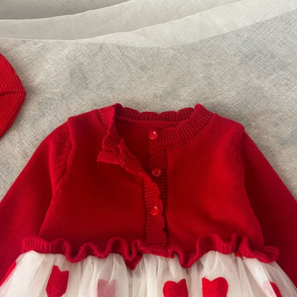 Baby Girls Red and White Chiffon Patchwork Red Heart Princess Gauze Dress