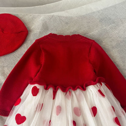Baby Girls Red and White Chiffon Patchwork Red Heart Princess Gauze Dress