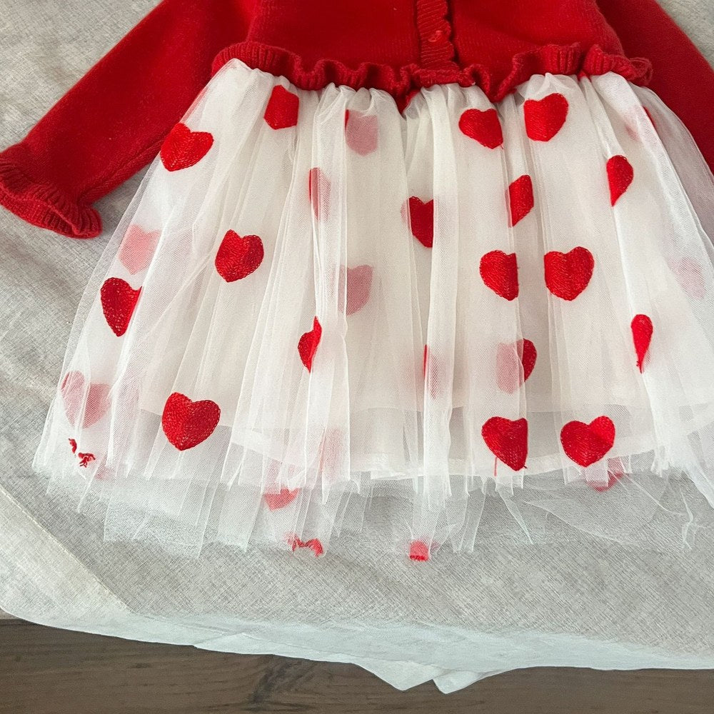 Baby Girls Red and White Chiffon Patchwork Red Heart Princess Gauze Dress