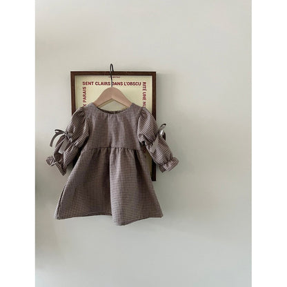 Baby Girls Plaid Long Sleeves Crew Neck Princess Dress with Bows