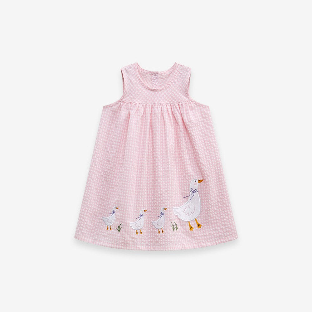 Girls Sleeveless Goose Pattern Plaid Dress