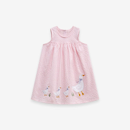 Girls Sleeveless Goose Pattern Plaid Dress