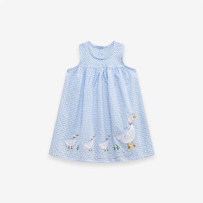 Girls Sleeveless Goose Pattern Plaid Dress