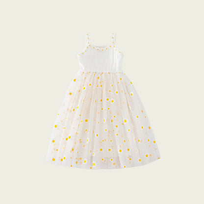 Baby Kids Girls Sleeveless Floral Daisy Pattern Mesh Strap Dress