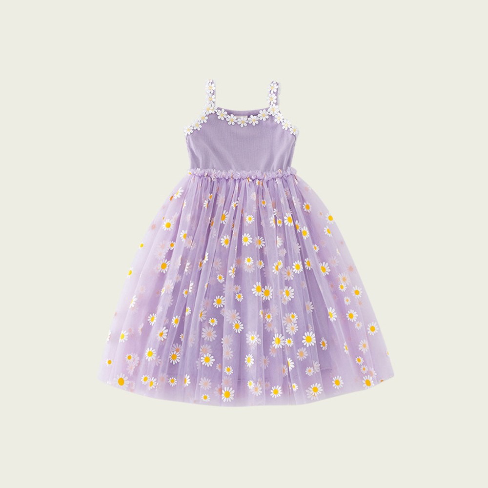 Baby Kids Girls Sleeveless Floral Daisy Pattern Mesh Strap Dress