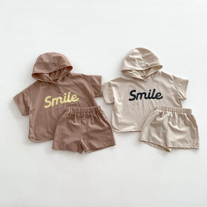 Baby Kids Boys Letters Pattern Short Sleeves Hoodie and Solid Color Shorts 2-Piece Casual Clothing Set
