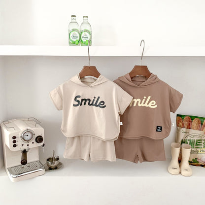 Baby Kids Boys Letters Pattern Short Sleeves Hoodie and Solid Color Shorts 2-Piece Casual Clothing Set
