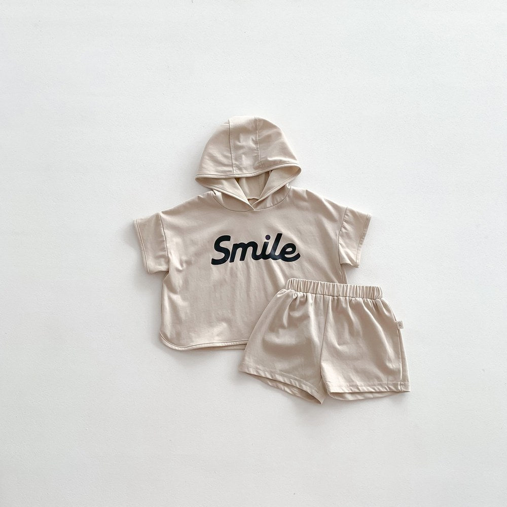 Baby Kids Boys Letters Pattern Short Sleeves Hoodie and Solid Color Shorts 2-Piece Casual Clothing Set