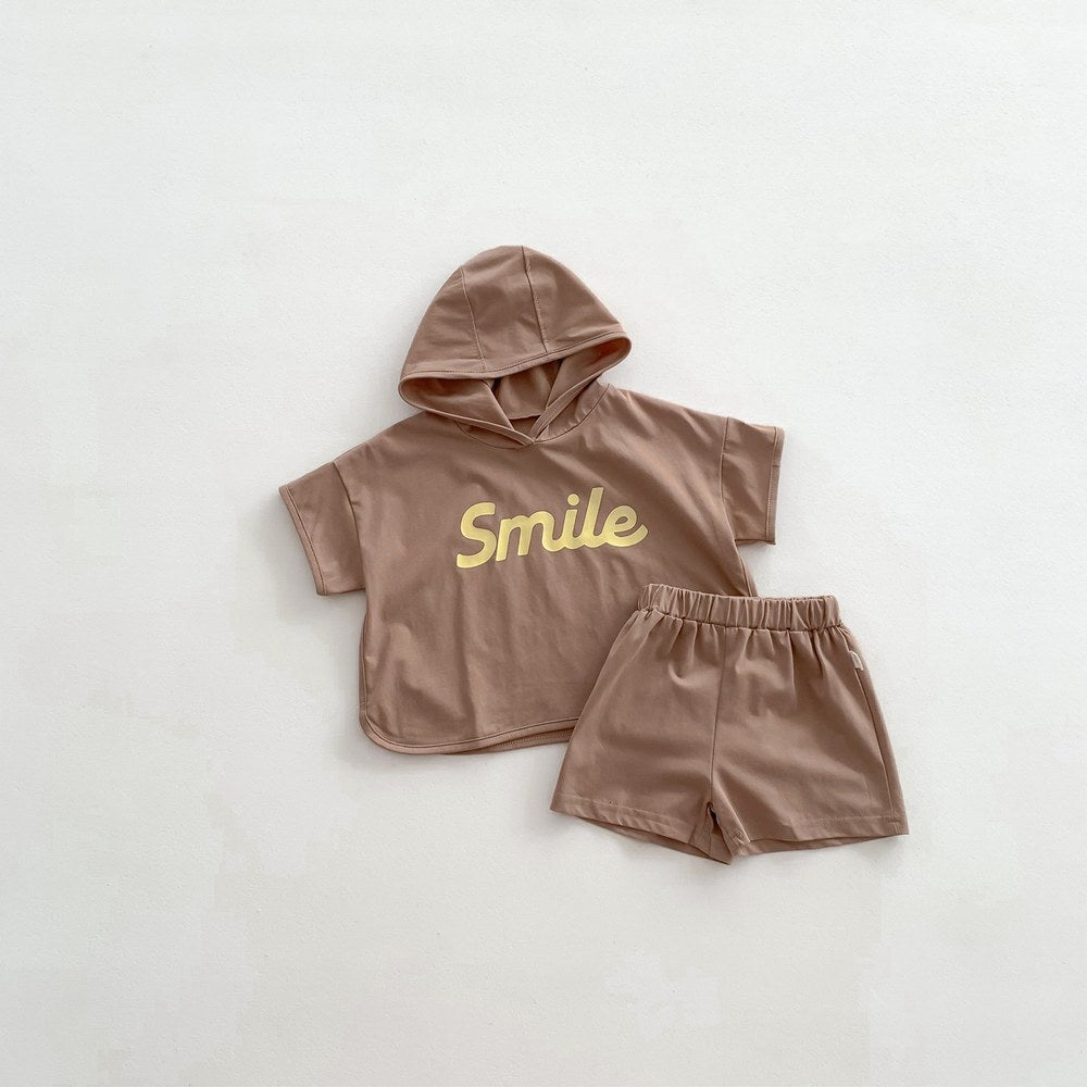 Baby Kids Boys Letters Pattern Short Sleeves Hoodie and Solid Color Shorts 2-Piece Casual Clothing Set