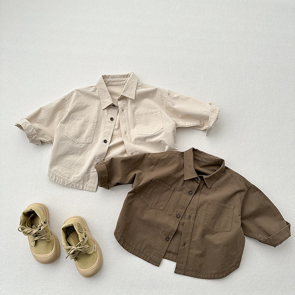 Unisex Minimalist and Versatile Retro Cotton Double Pocket Children's Shirt