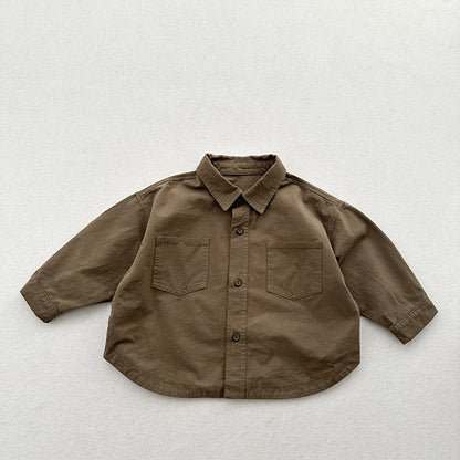 Unisex Minimalist and Versatile Retro Cotton Double Pocket Children's Shirt