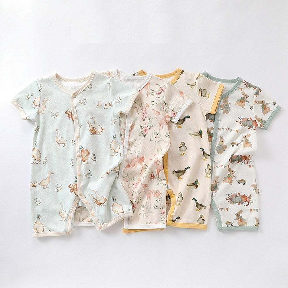 Baby Boys and Girls Animals Cartoon Print Short Sleeves Button Open Front Romper