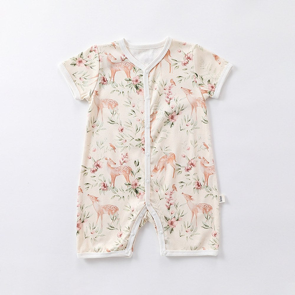 Baby Boys and Girls Animals Cartoon Print Short Sleeves Button Open Front Romper