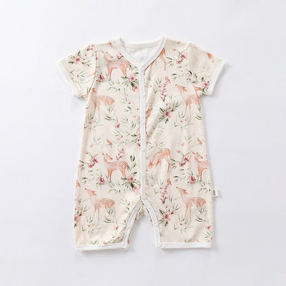 Baby Boys and Girls Animals Cartoon Print Short Sleeves Button Open Front Romper