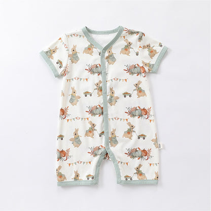 Baby Boys and Girls Animals Cartoon Print Short Sleeves Button Open Front Romper