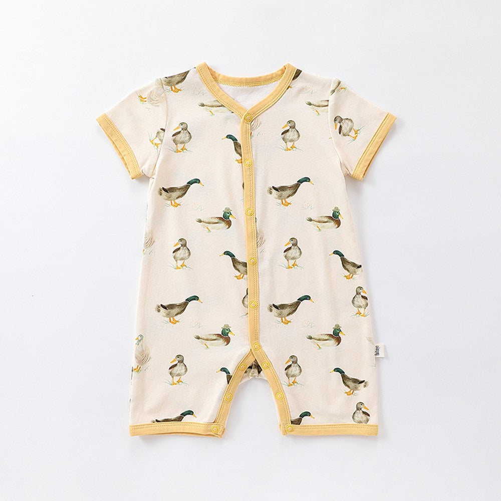 Baby Boys and Girls Animals Cartoon Print Short Sleeves Button Open Front Romper