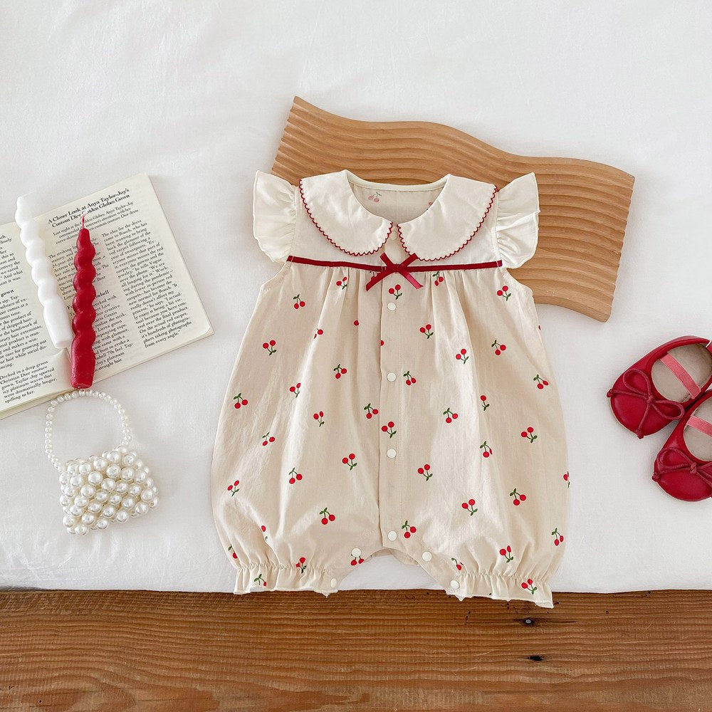 Baby Girls Cherry Print Fly Sleeves Peter Pan Collar Bodysuit