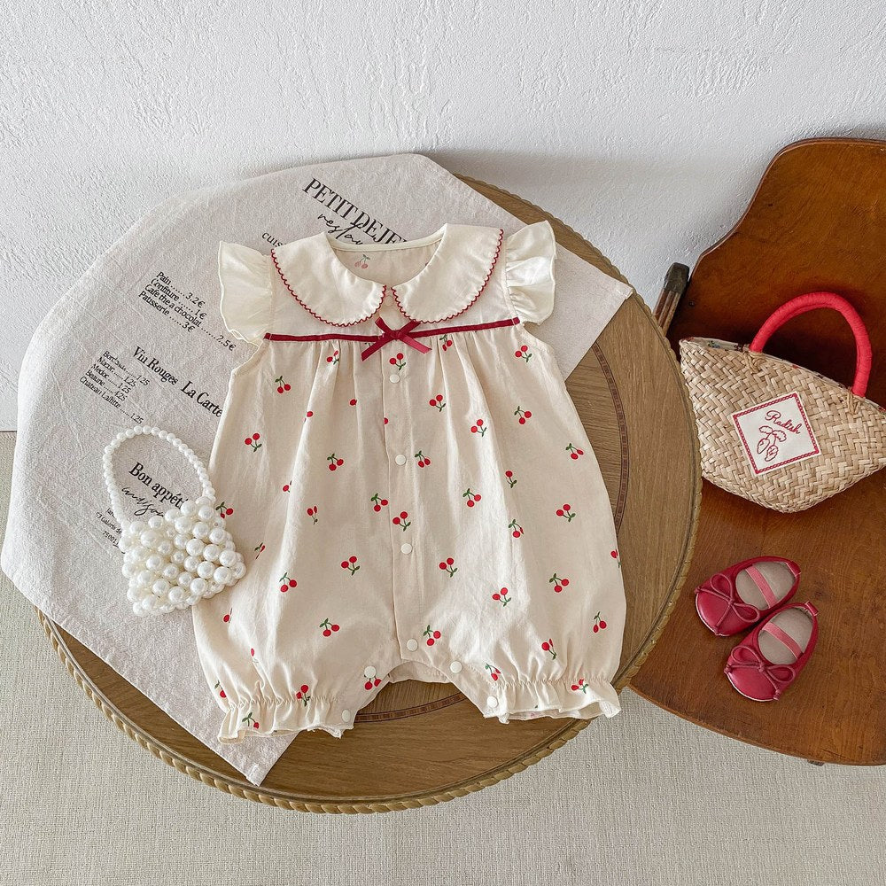 Baby Girls Cherry Print Fly Sleeves Peter Pan Collar Bodysuit