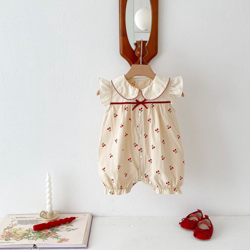 Baby Girls Cherry Print Fly Sleeves Peter Pan Collar Bodysuit