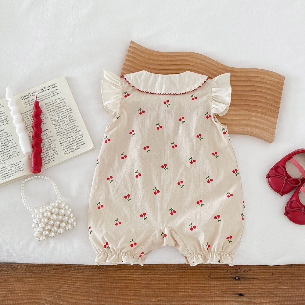 Baby Girls Cherry Print Fly Sleeves Peter Pan Collar Bodysuit