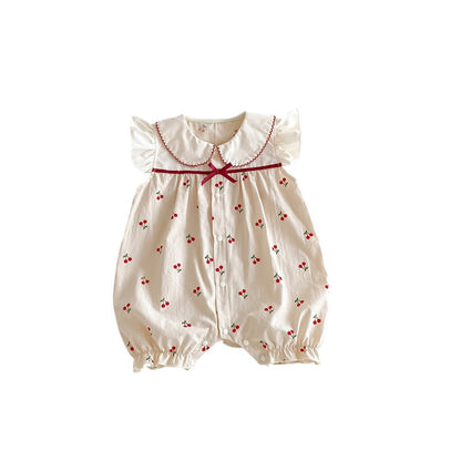 Baby Girls Cherry Print Fly Sleeves Peter Pan Collar Bodysuit