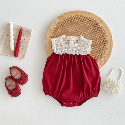 Baby Girls Lace Embroidery Sleeveless Color Patchwork Bodysuit