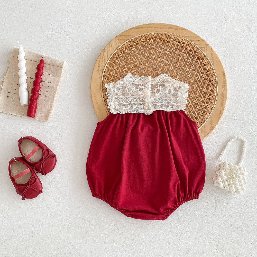 Baby Girls Lace Embroidery Sleeveless Color Patchwork Bodysuit