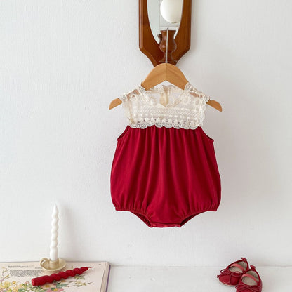 Baby Girls Lace Embroidery Sleeveless Color Patchwork Bodysuit