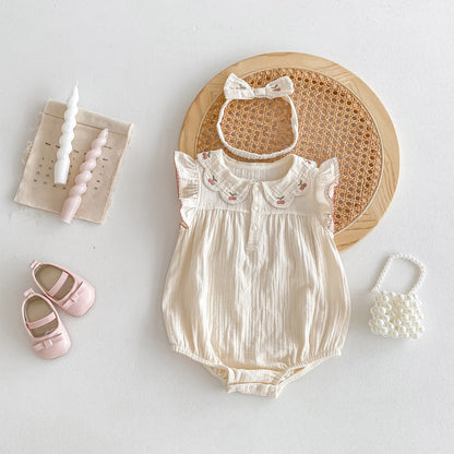 Baby Girls Cherry Embroidered Collar Fly Sleeves Simple Bodysuit