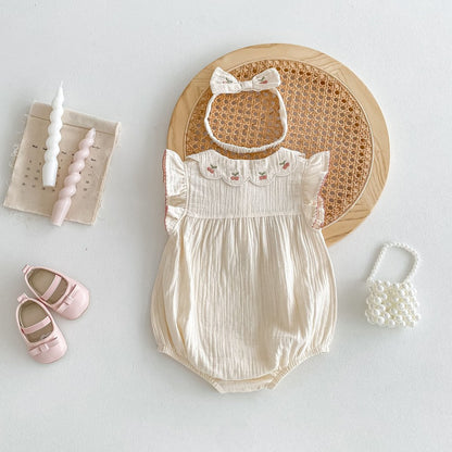 Baby Girls Cherry Embroidered Collar Fly Sleeves Simple Bodysuit